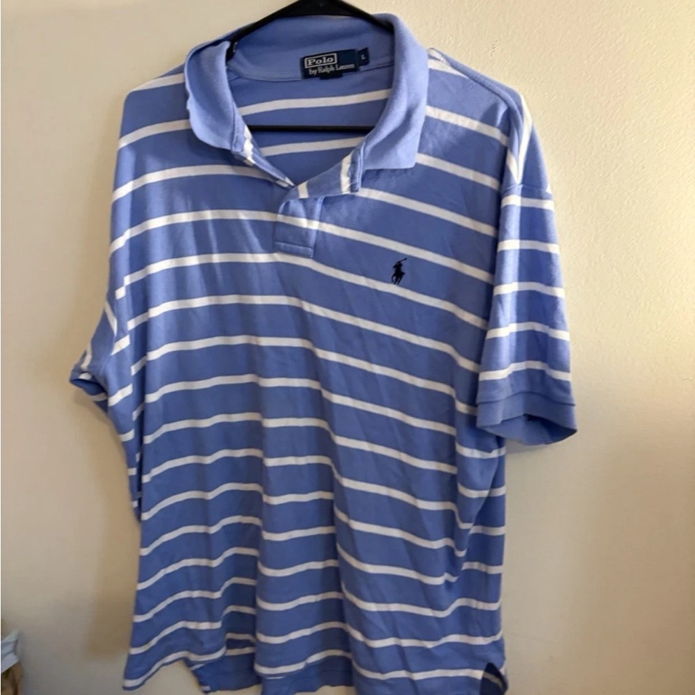 Ralph Lauren Men's Light Blue and White Striped Polo Shirt